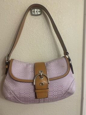 Vintage Coach Soho Lilac Signature Shoulder Bag with Tan Leather Trim